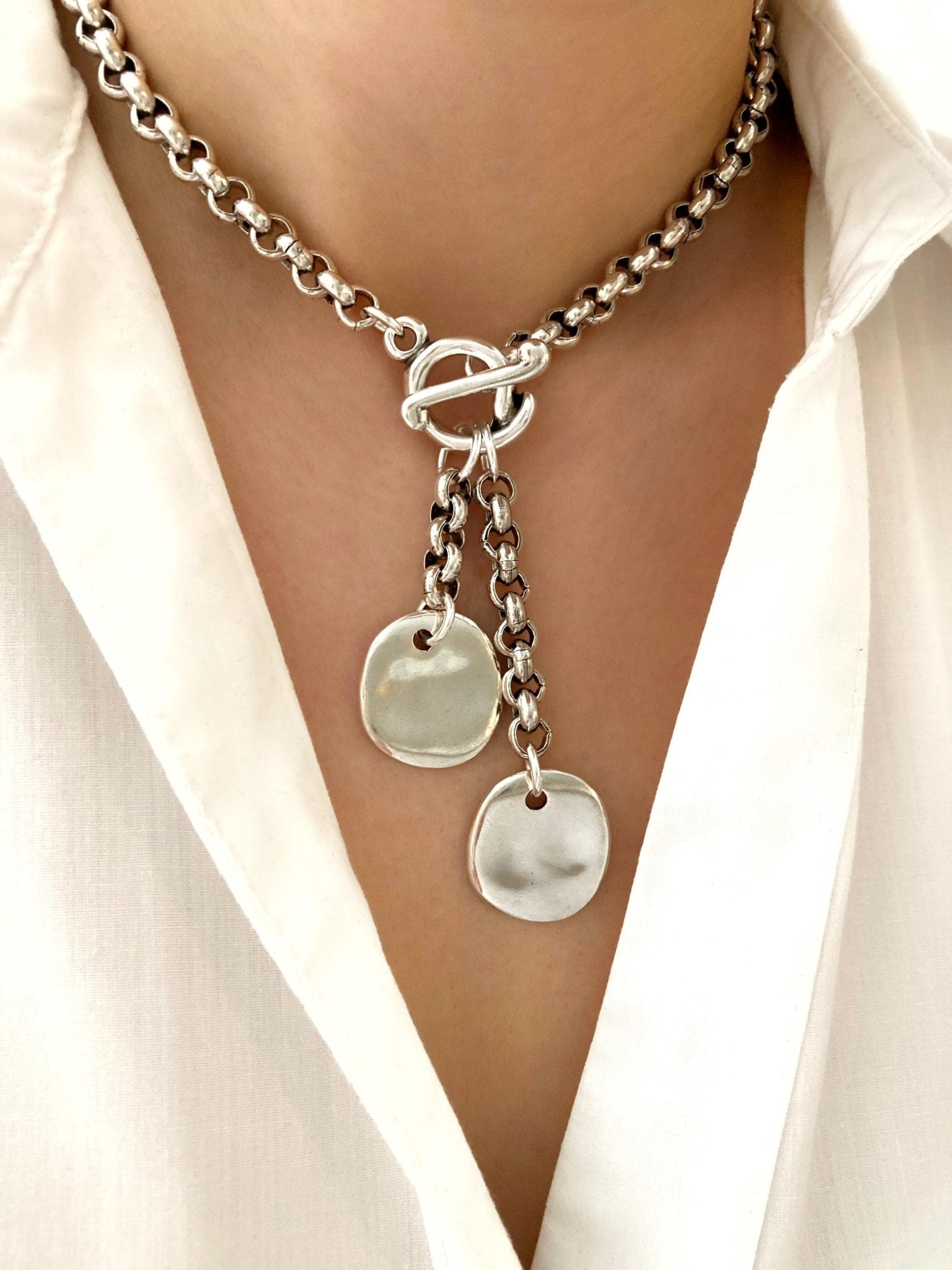 The Lucca Necklace – Chunky Silver Coin Pendant | Bold Statement Chain with Toggle Clasp, Gift for Her - Karl & kate