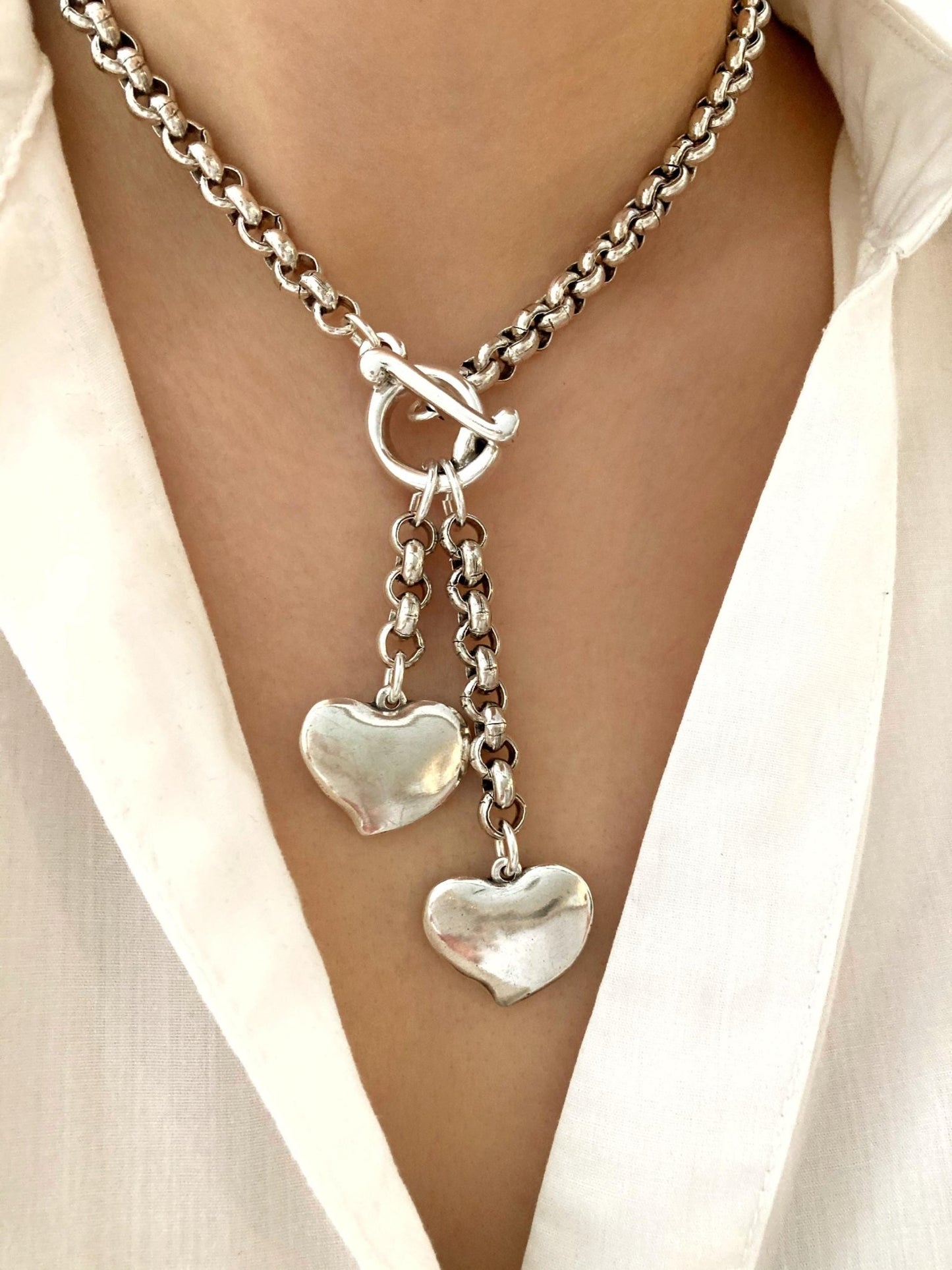 The Minsk Necklace – Chunky Silver Heart Charm Necklace | Bold Toggle Clasp Statement Jewelry, Gift for Her - Karl & kate