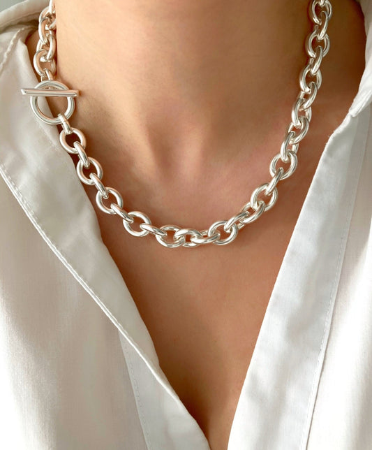 The Monte - Carlo Necklace – Chunky Silver Curb Chain | Heavy Statement Toggle Clasp Jewelry, Gift for Her - Karl & kate