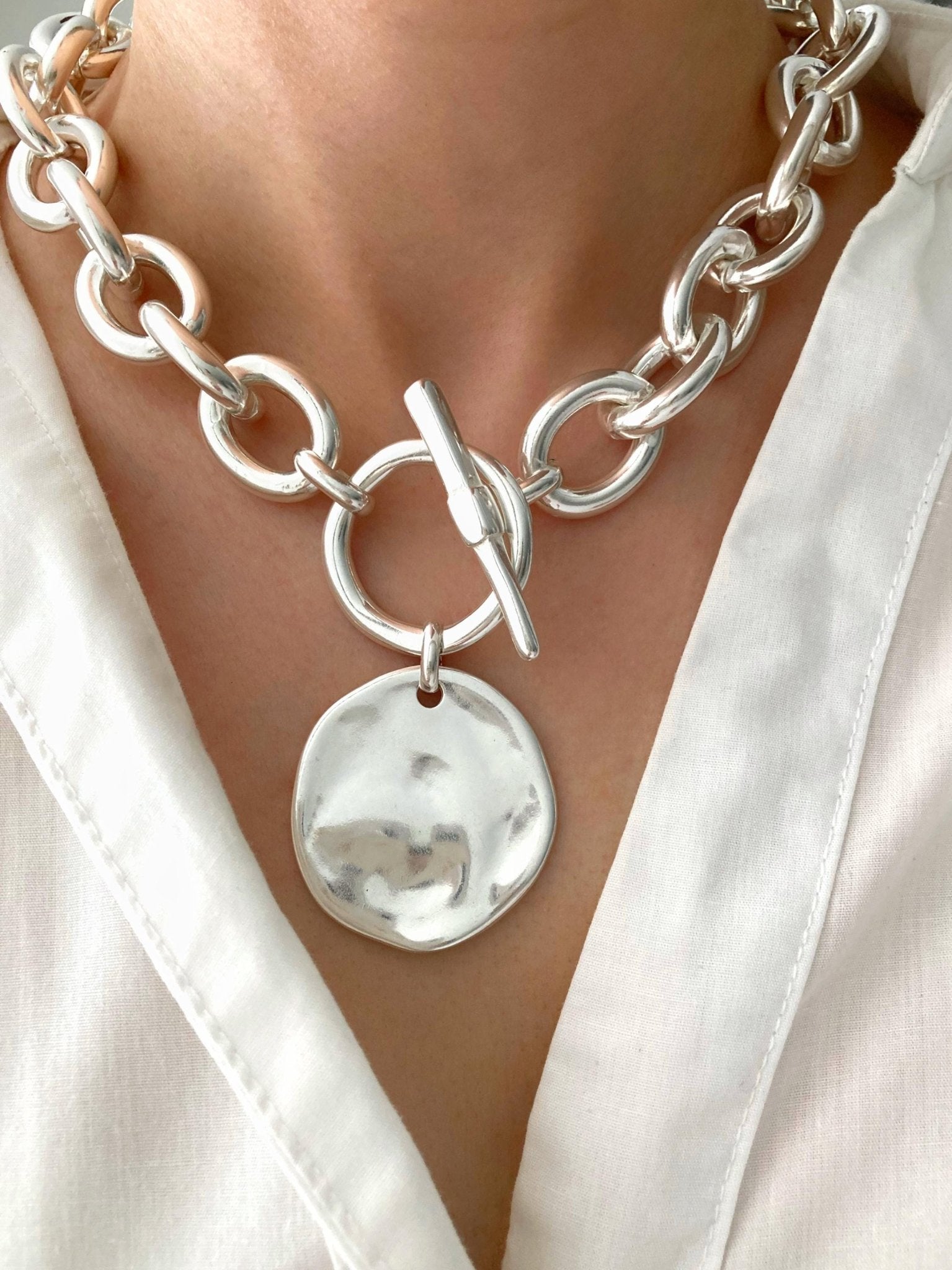 The Oslo Necklace – Chunky Silver Charm Choker | Lightweight Curb Chain Statement Jewelry, Gift for Her - Karl & kate