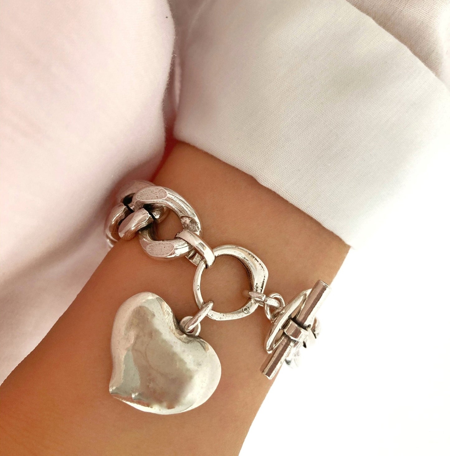 The Porto Bracelet – Chunky Silver Heart Charm Bracelet | Bold Curb Chain Statement Jewelry, Gift for Her - Karl & kate