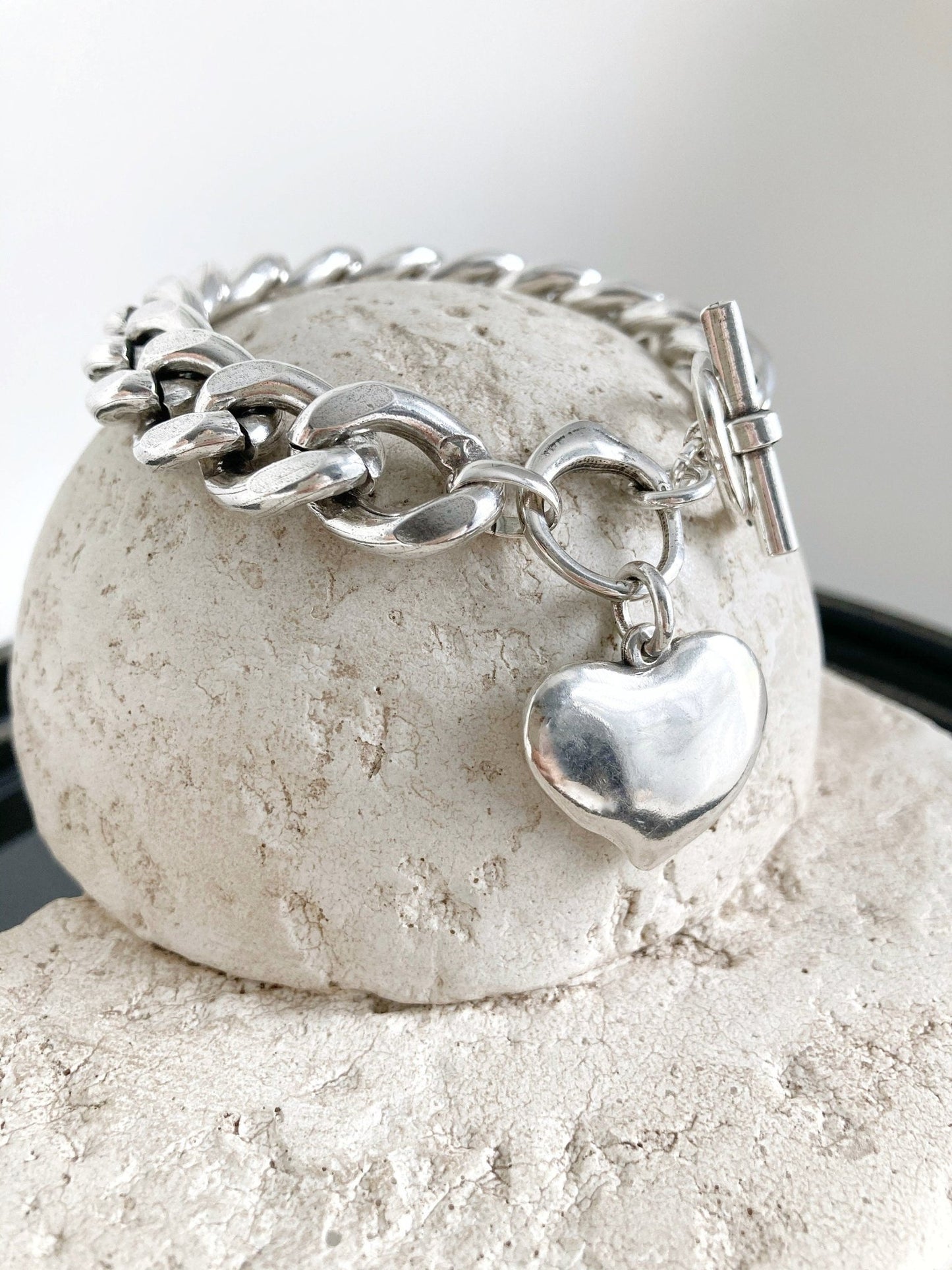 The Porto Bracelet – Chunky Silver Heart Charm Bracelet | Bold Curb Chain Statement Jewelry, Gift for Her - Karl & kate