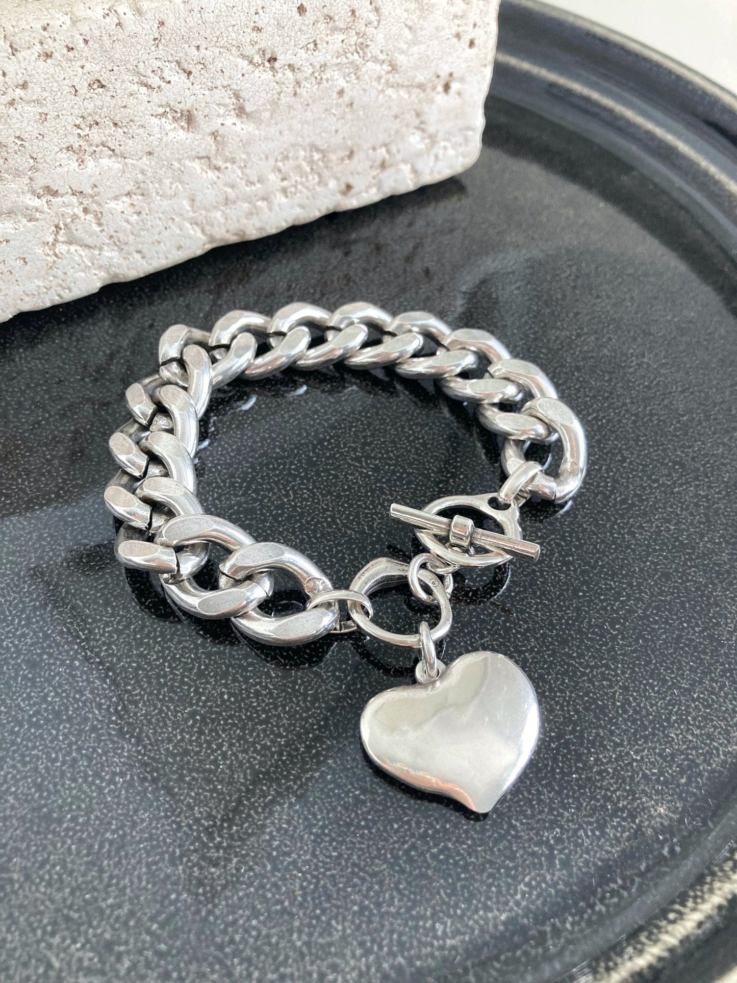 The Porto Bracelet – Chunky Silver Heart Charm Bracelet | Bold Curb Chain Statement Jewelry, Gift for Her - Karl & kate
