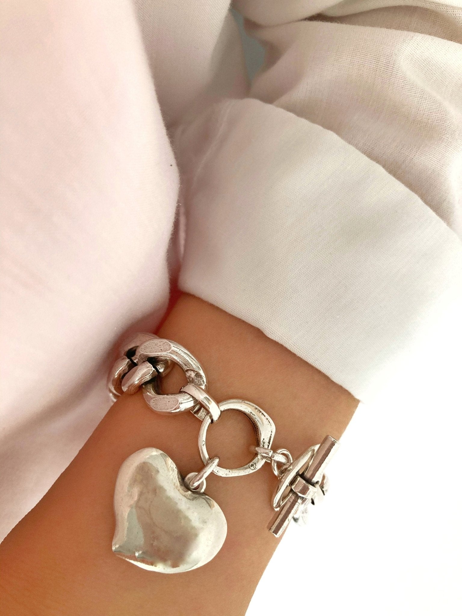 The Porto Bracelet – Chunky Silver Heart Charm Bracelet | Bold Curb Chain Statement Jewelry, Gift for Her - Karl & kate