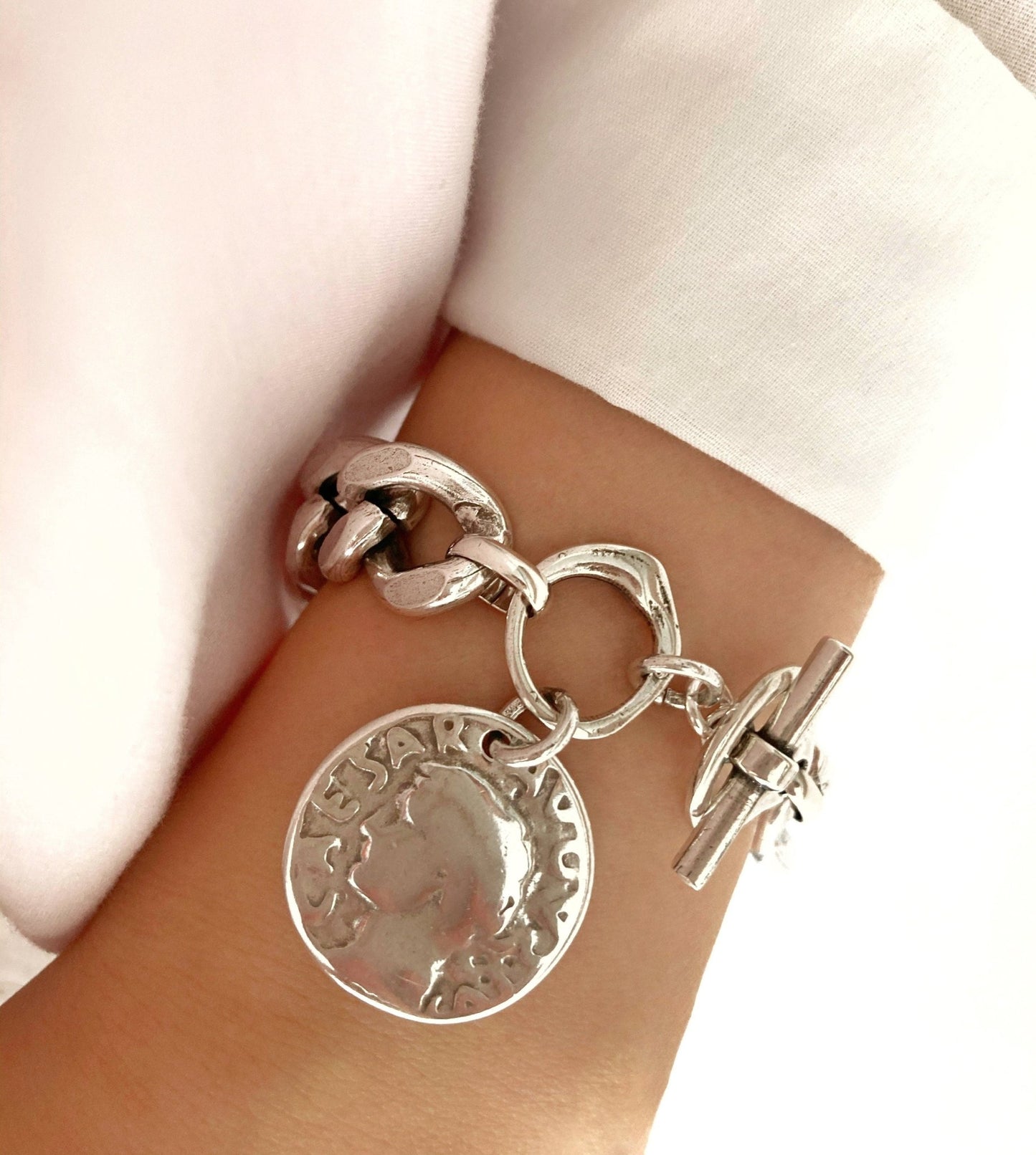 The Rio Bracelet – Chunky Silver Coin Bracelet | Heavy Chain Statement Jewelry, Gift for Her - Karl & kate