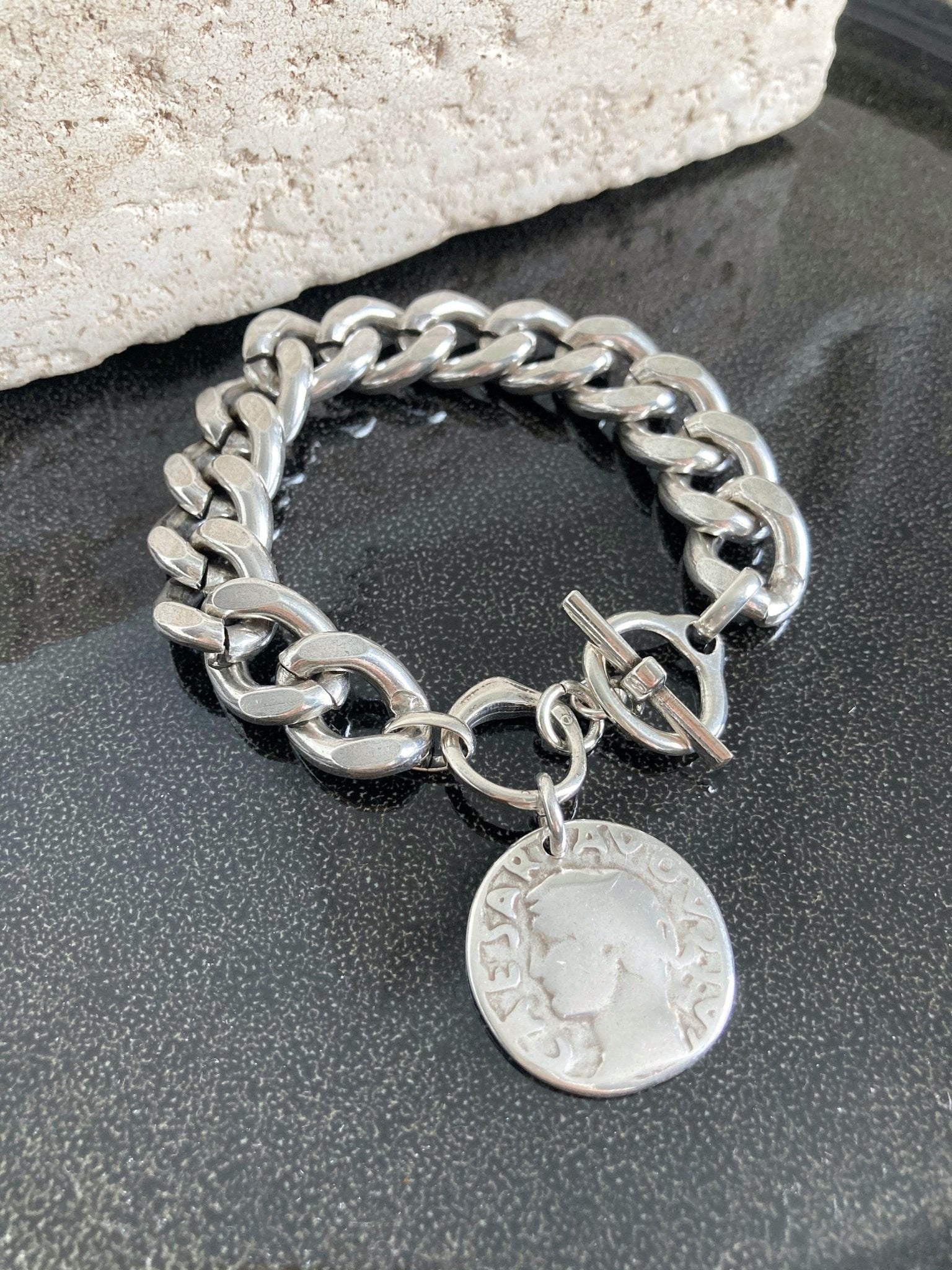 The Rio Bracelet – Chunky Silver Coin Bracelet | Heavy Chain Statement Jewelry, Gift for Her - Karl & kate