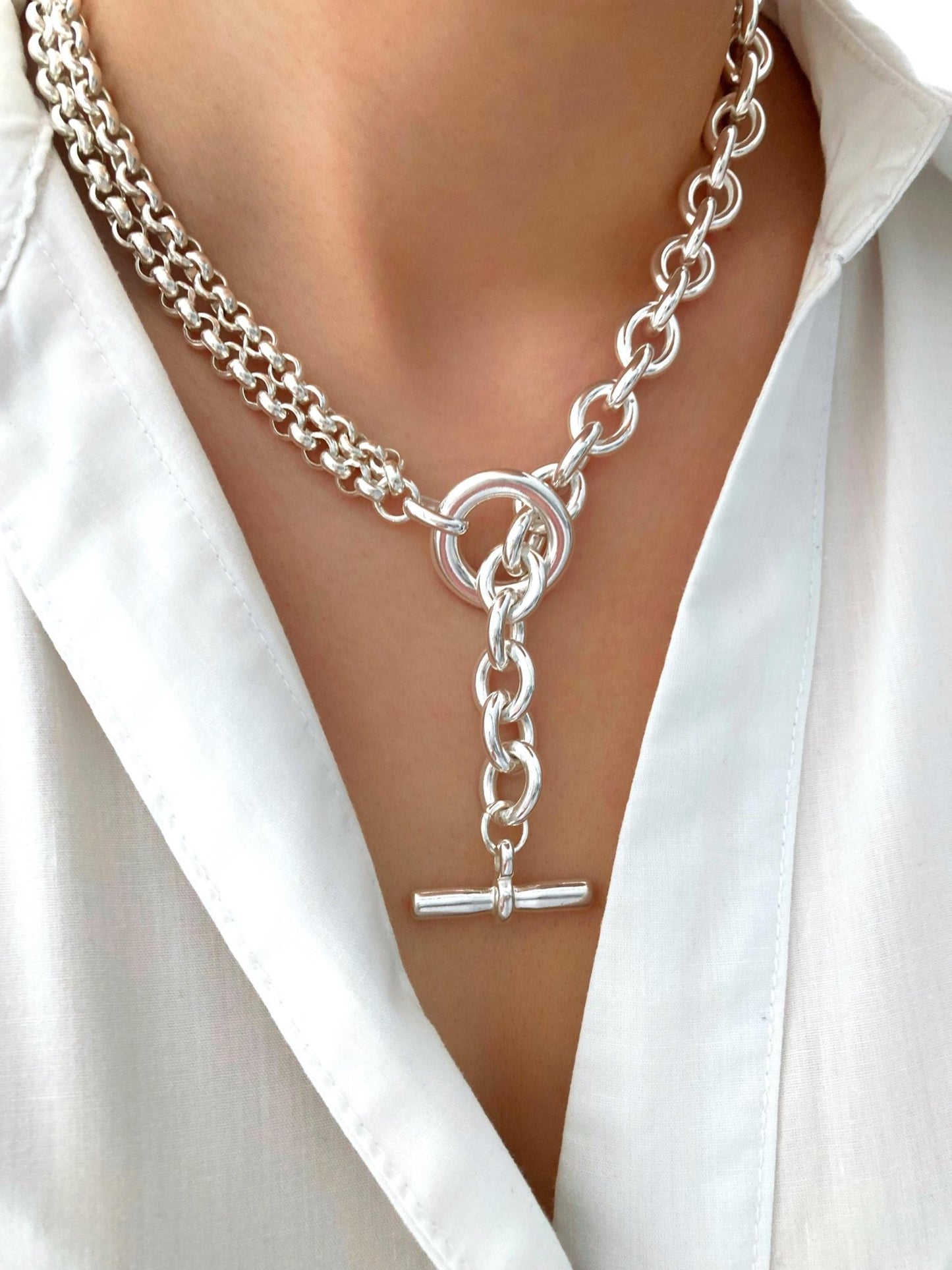 The Santiago Necklace – Silver Multichain Lariat | Chunky Statement Toggle Link Necklace, Gift for Her - Karl & kate
