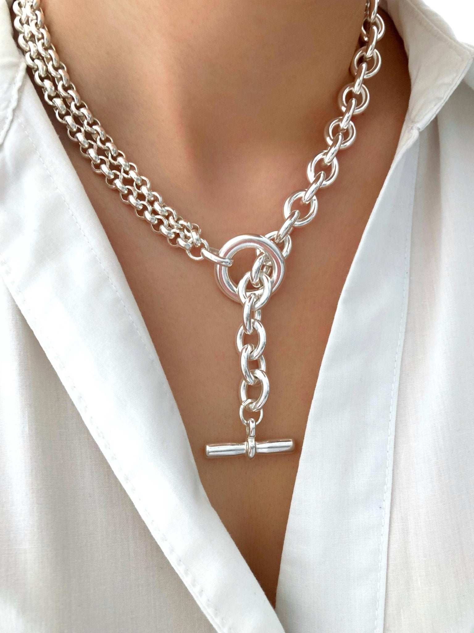 The Santiago Necklace – Silver Multichain Lariat | Chunky Statement Toggle Link Necklace, Gift for Her - Karl & kate